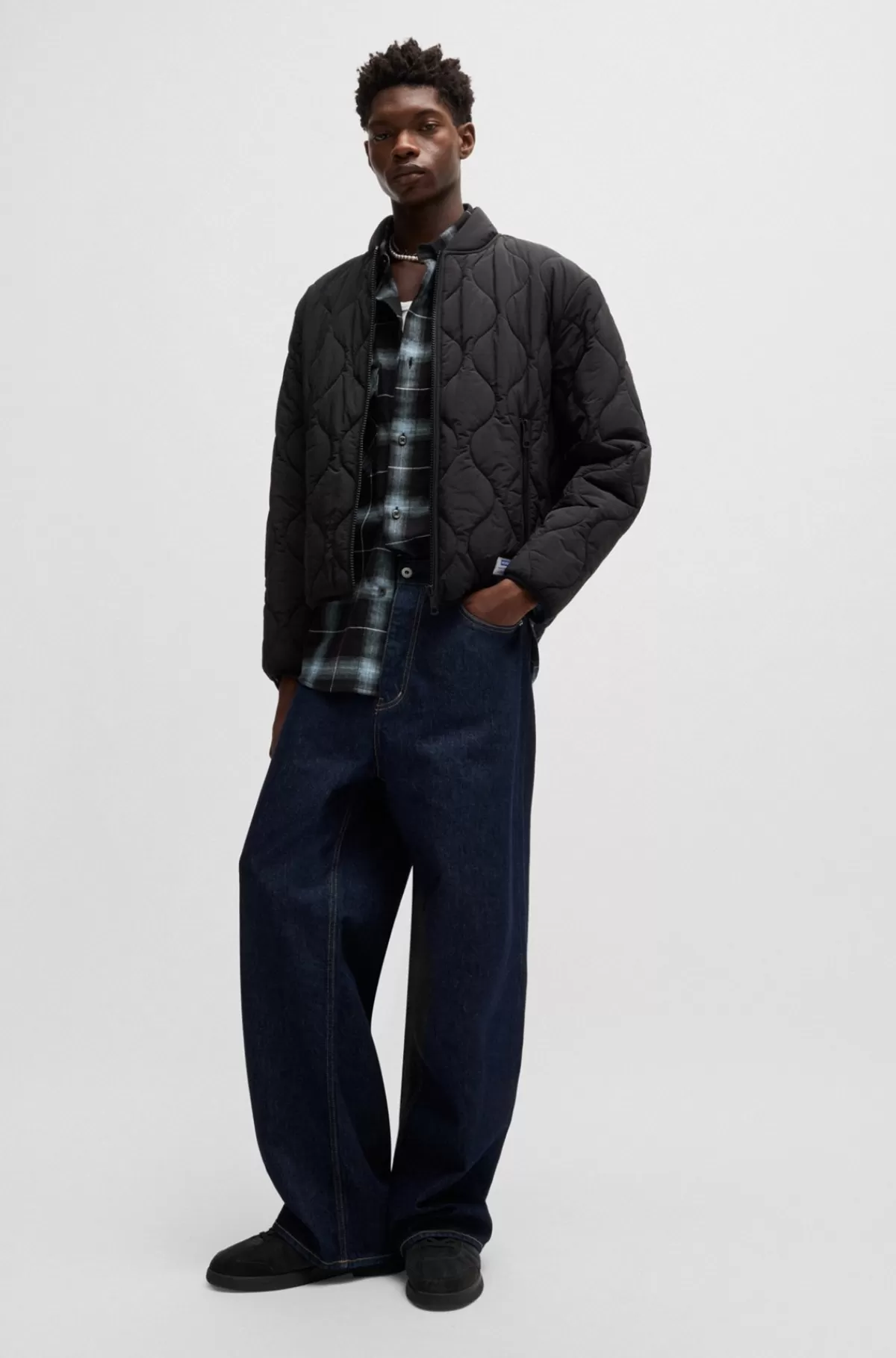 HUGO BOSS Skjorte Med Oversize Fit I Ternet Bomuldsflannel Sort mønstret Outlet