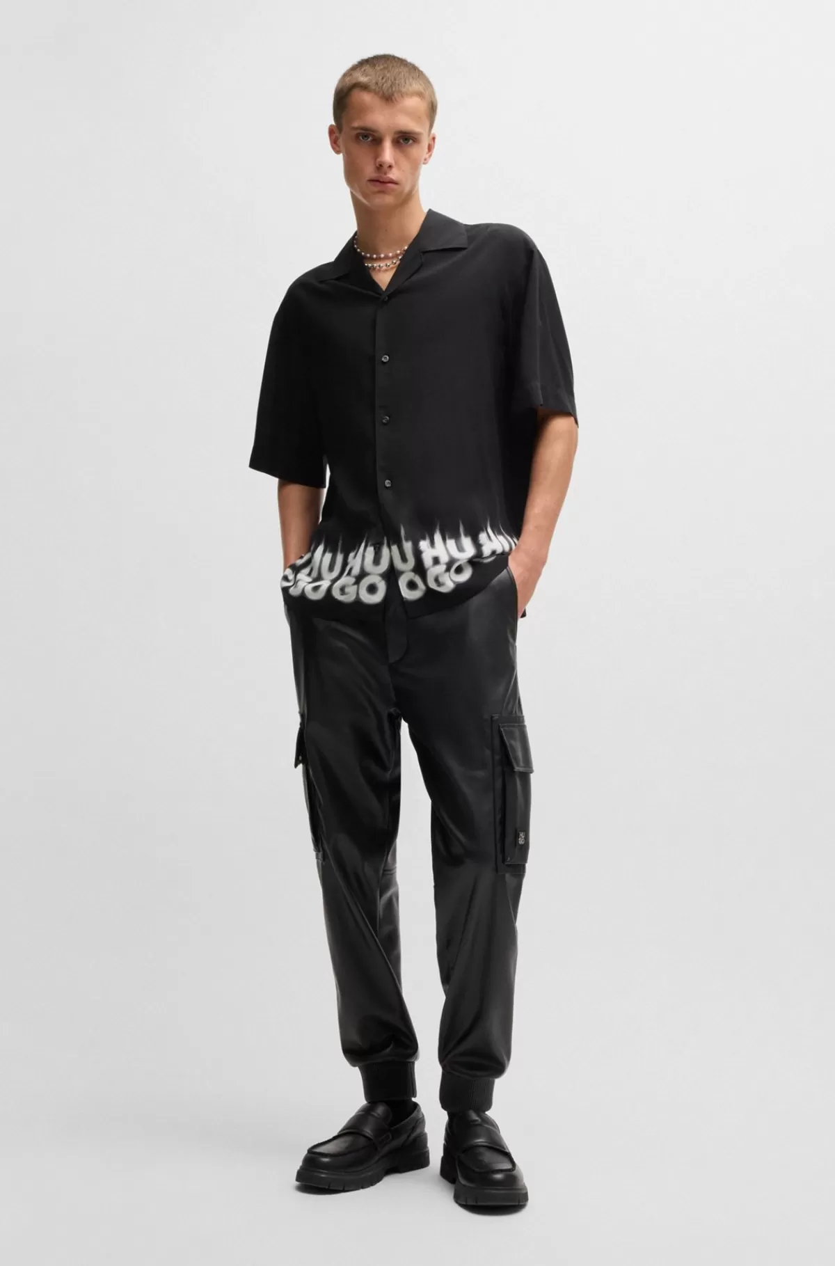 HUGO BOSS Skjorte Med Oversize Fit Og Logoprint Med Røgeffekt I Kanten Sort Cheap