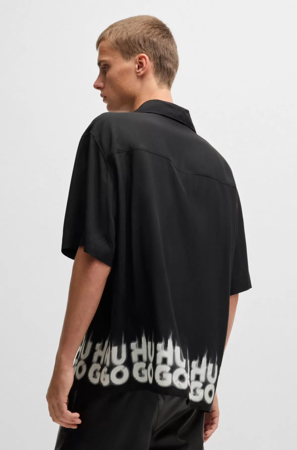 HUGO BOSS Skjorte Med Oversize Fit Og Logoprint Med Røgeffekt I Kanten Sort Cheap