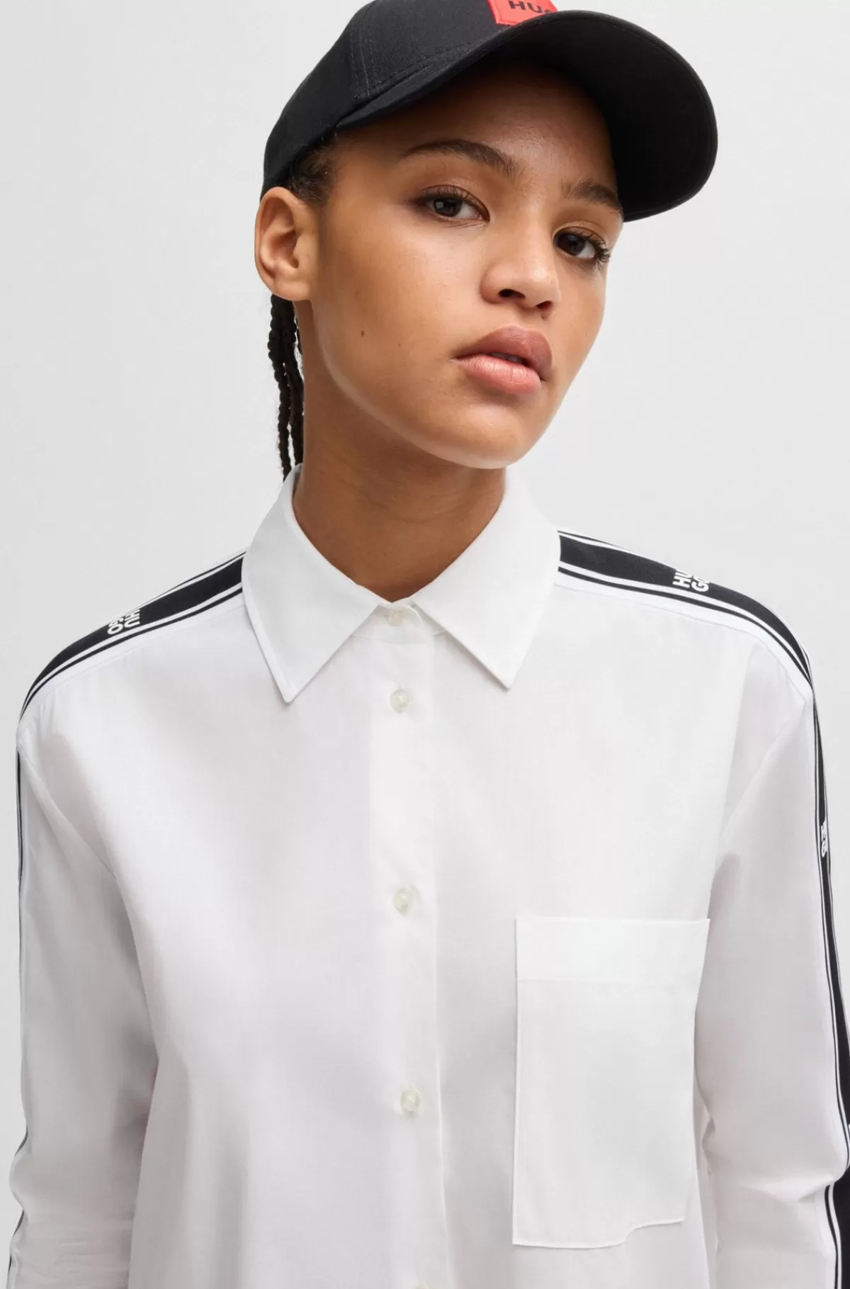 HUGO BOSS Skjorte Med Oversize Fit Og Stribe Med Stablet Logo Hvid Best Sale