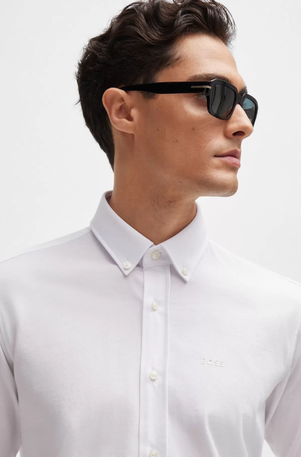 HUGO BOSS Skjorte Med Regular Fit I Jersey Af Bomuldsblanding Med Struktur Hvid Outlet