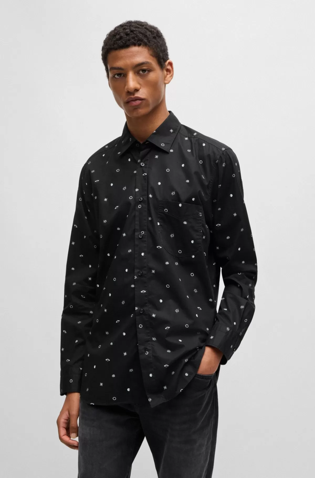 HUGO BOSS Skjorte Med Regular Fit I Printet Bomuldspoplin Sort Best Sale