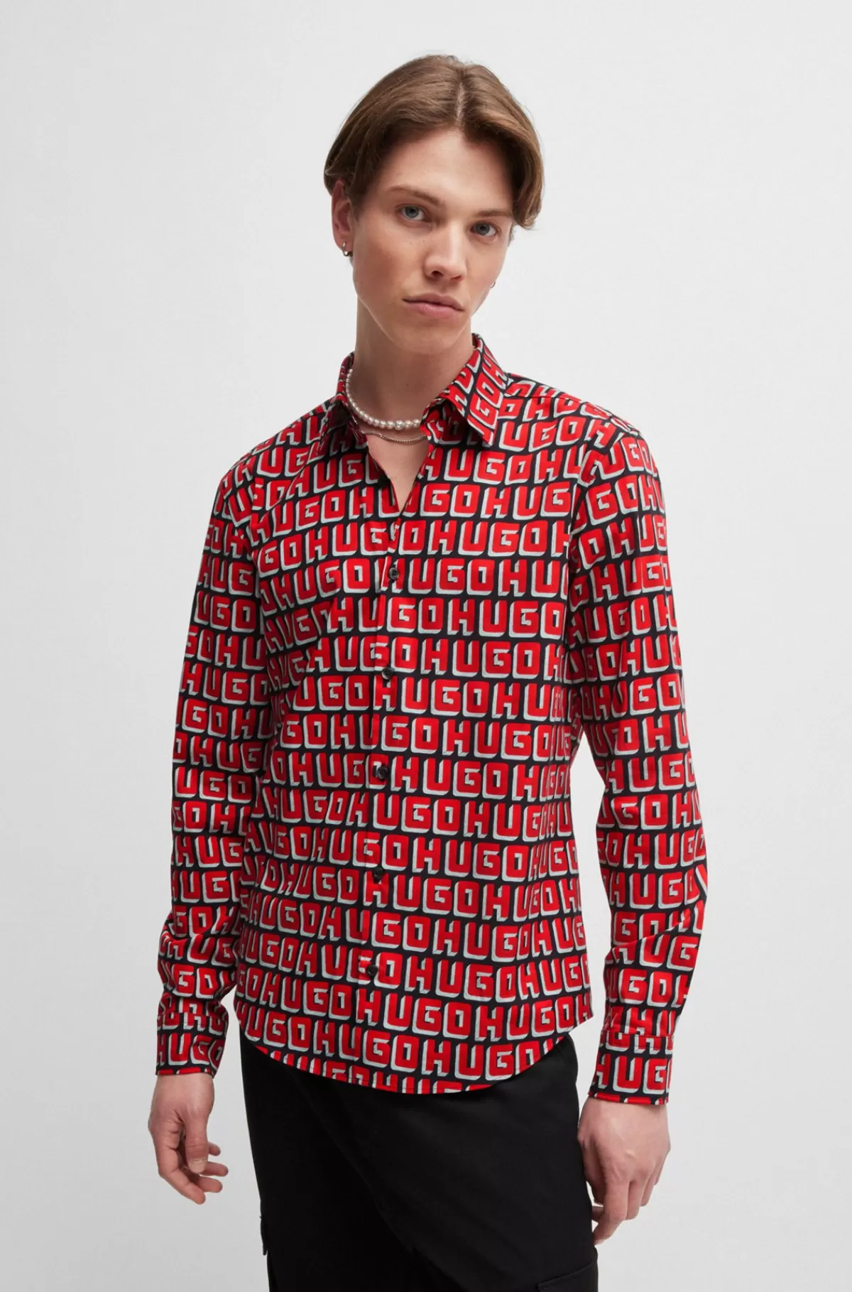 HUGO BOSS Skjorte Med Slim Fit I Bomuldspoplin Med Stræk Og Logoprint Pink Store