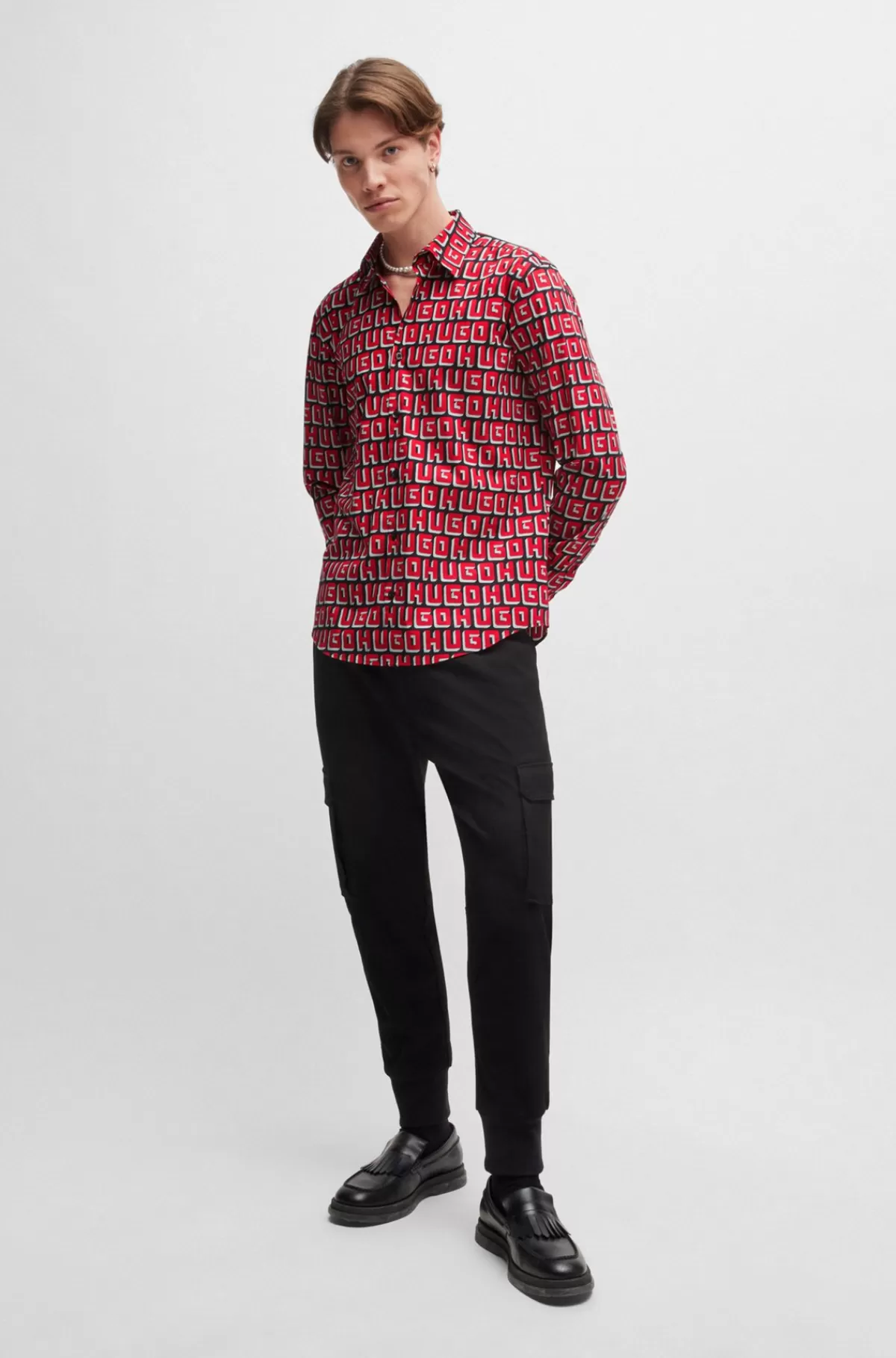 HUGO BOSS Skjorte Med Slim Fit I Bomuldspoplin Med Stræk Og Logoprint Pink Store