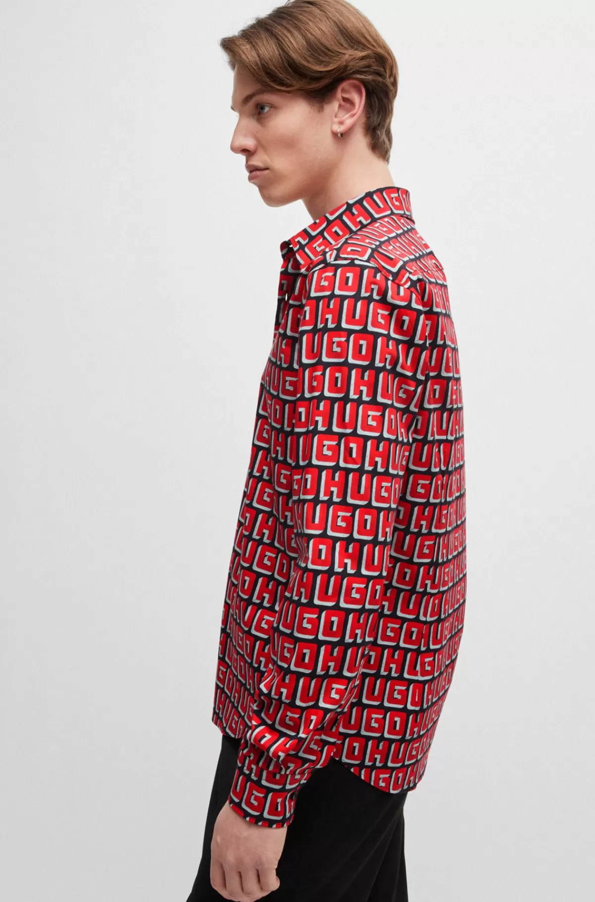 HUGO BOSS Skjorte Med Slim Fit I Bomuldspoplin Med Stræk Og Logoprint Pink Store