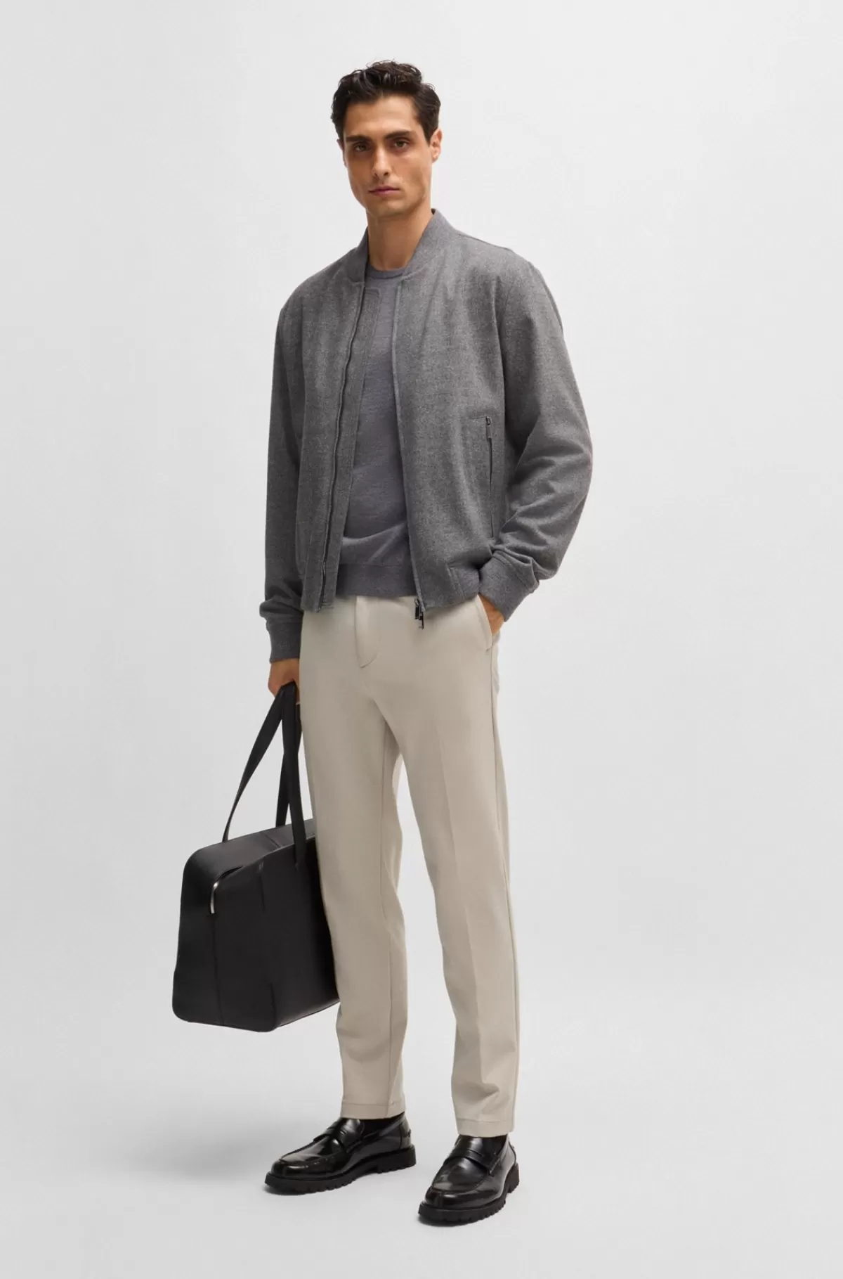 HUGO BOSS Slim Fit Bukser I Stof Med Stræk Og Mikromønster Lys beige Best Sale