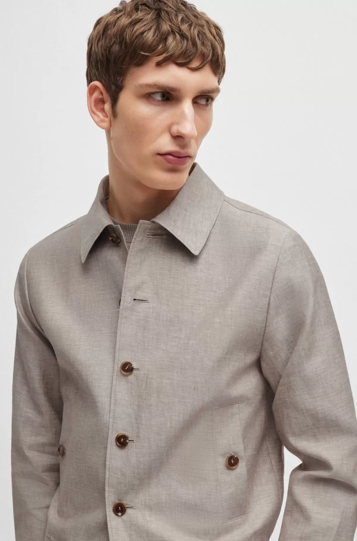 HUGO BOSS Slim Fit Jakke Vævet I Sildebensmønster Af Hør Og Silke Beige Cheap