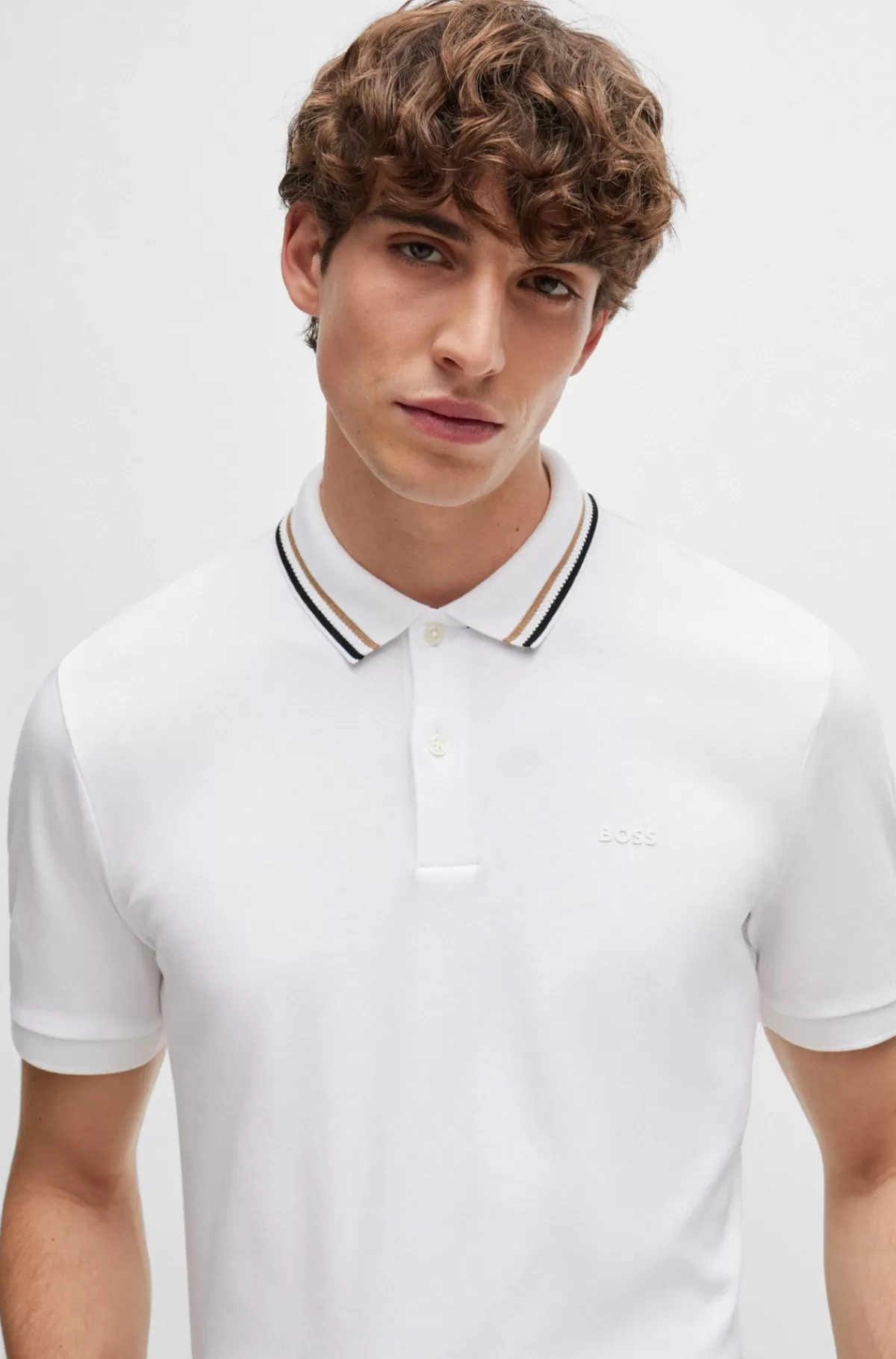 HUGO BOSS Slim Fit Poloshirt I Bomuld Med Stribet Krave Hvid Online