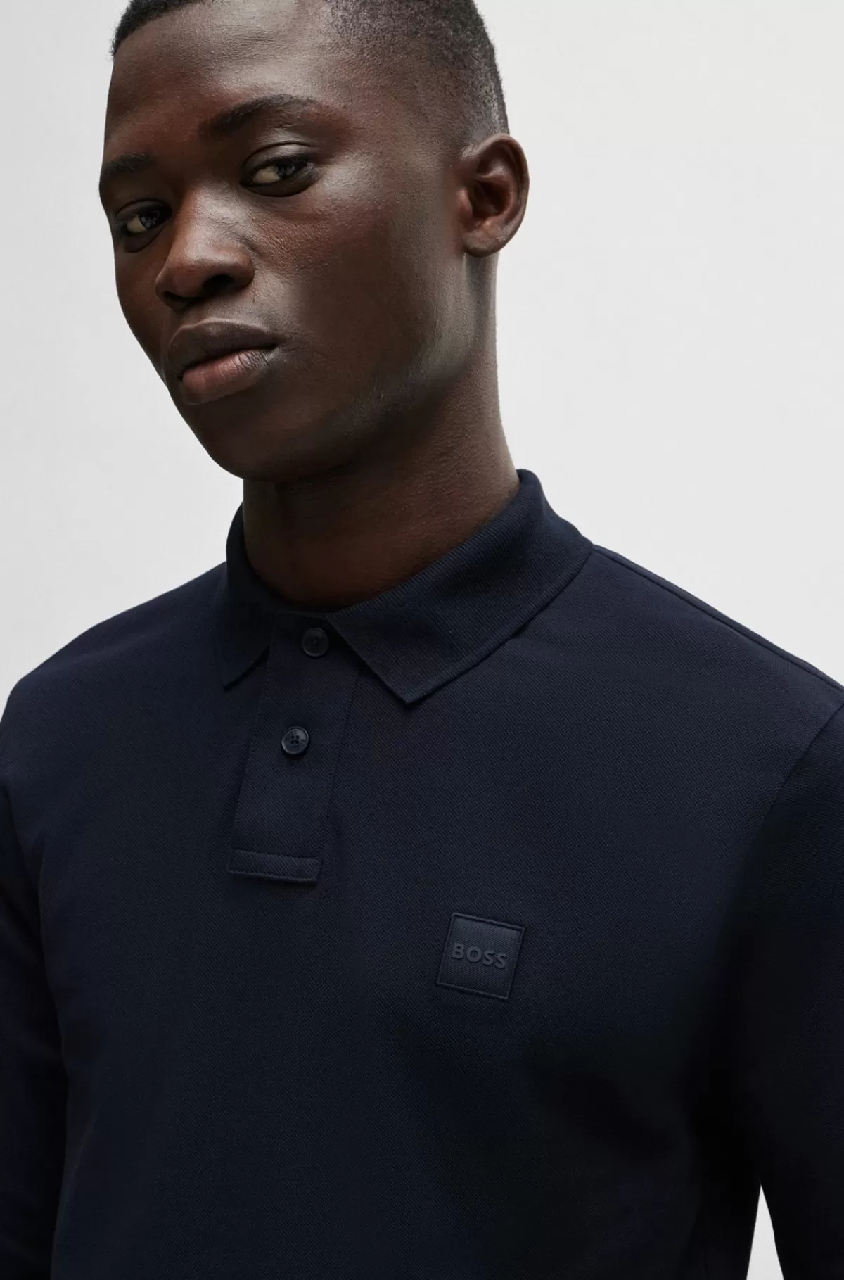 HUGO BOSS Slim Fit Poloshirt I Bomuld Med Stræk Og Logomærke Mørkeblå Sale