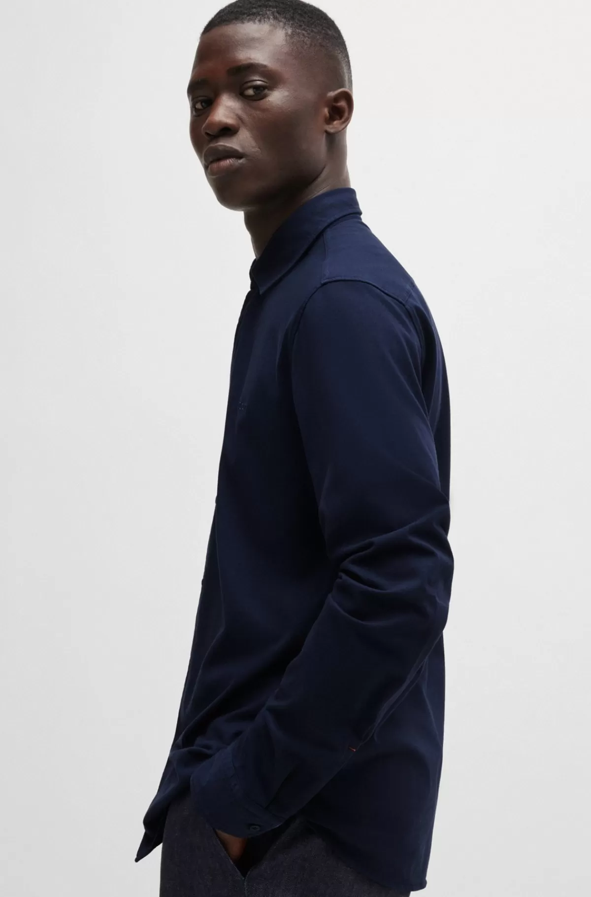 HUGO BOSS Slim Fit Skjorte I Bomuldsjersey Med Broderet Branding Mørkeblå Hot