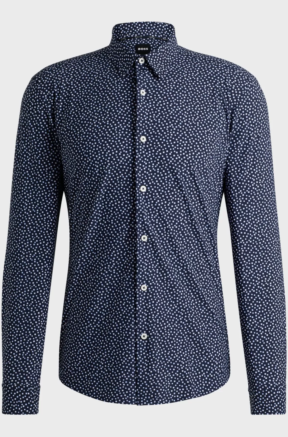 HUGO BOSS Slim Fit Skjorte I Printet Stof Med Performance-stræk Mørkeblå New