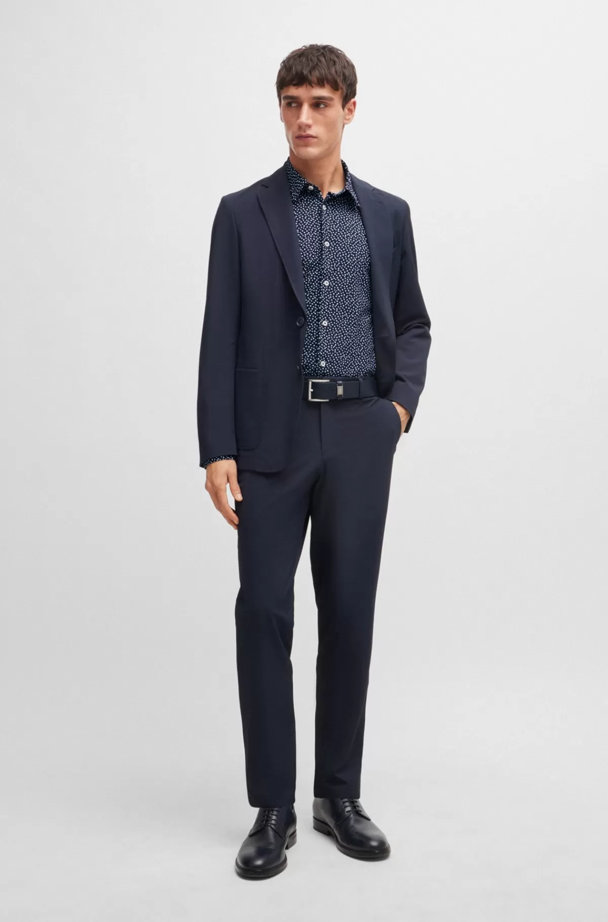 HUGO BOSS Slim Fit Skjorte I Printet Stof Med Performance-stræk Mørkeblå New