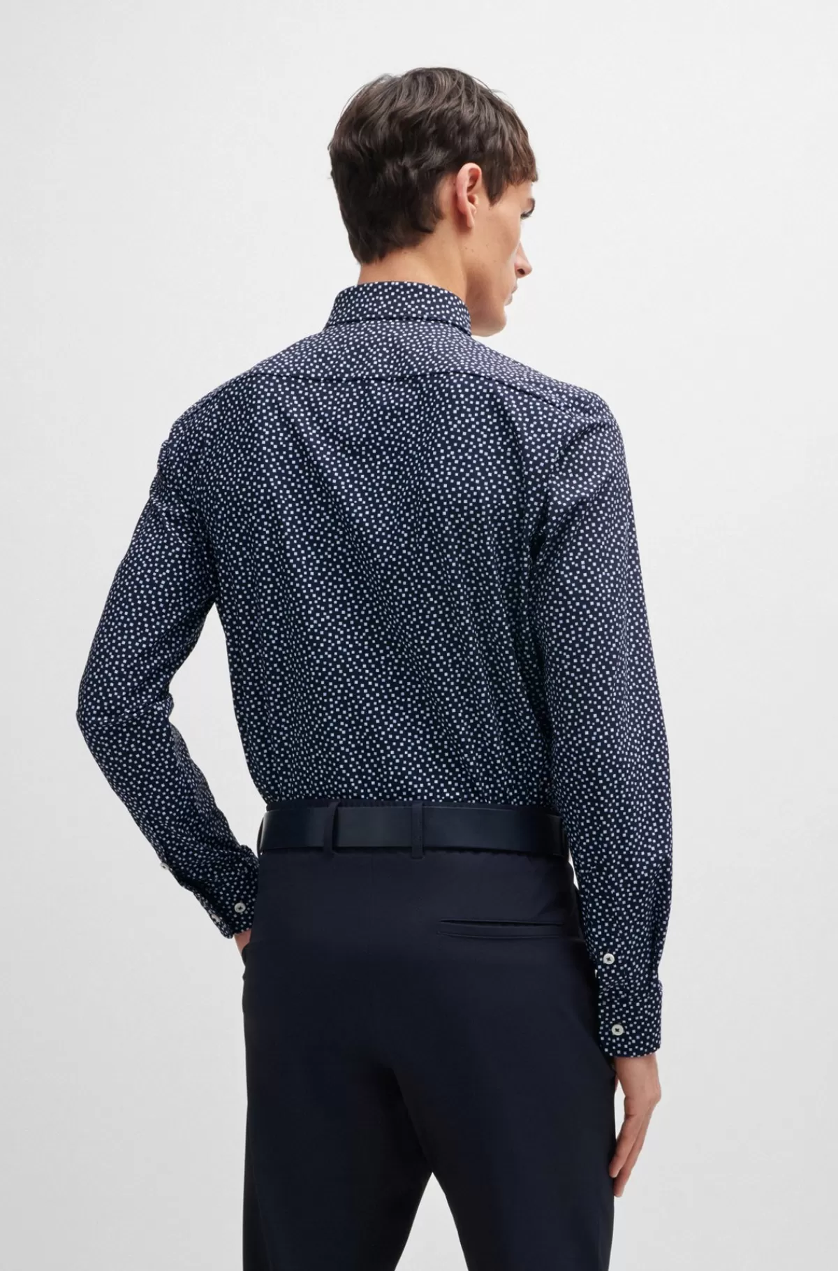 HUGO BOSS Slim Fit Skjorte I Printet Stof Med Performance-stræk Mørkeblå New