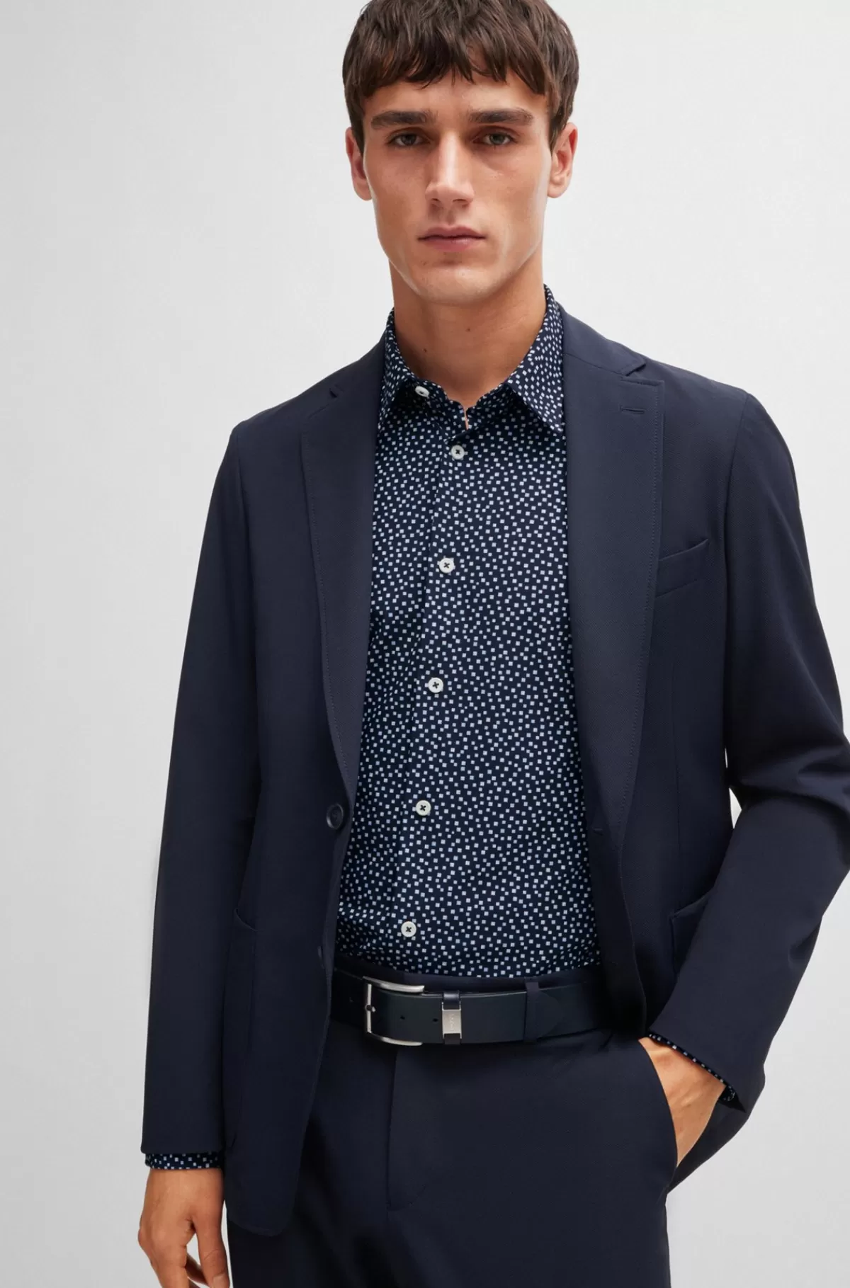 HUGO BOSS Slim Fit Skjorte I Printet Stof Med Performance-stræk Mørkeblå New