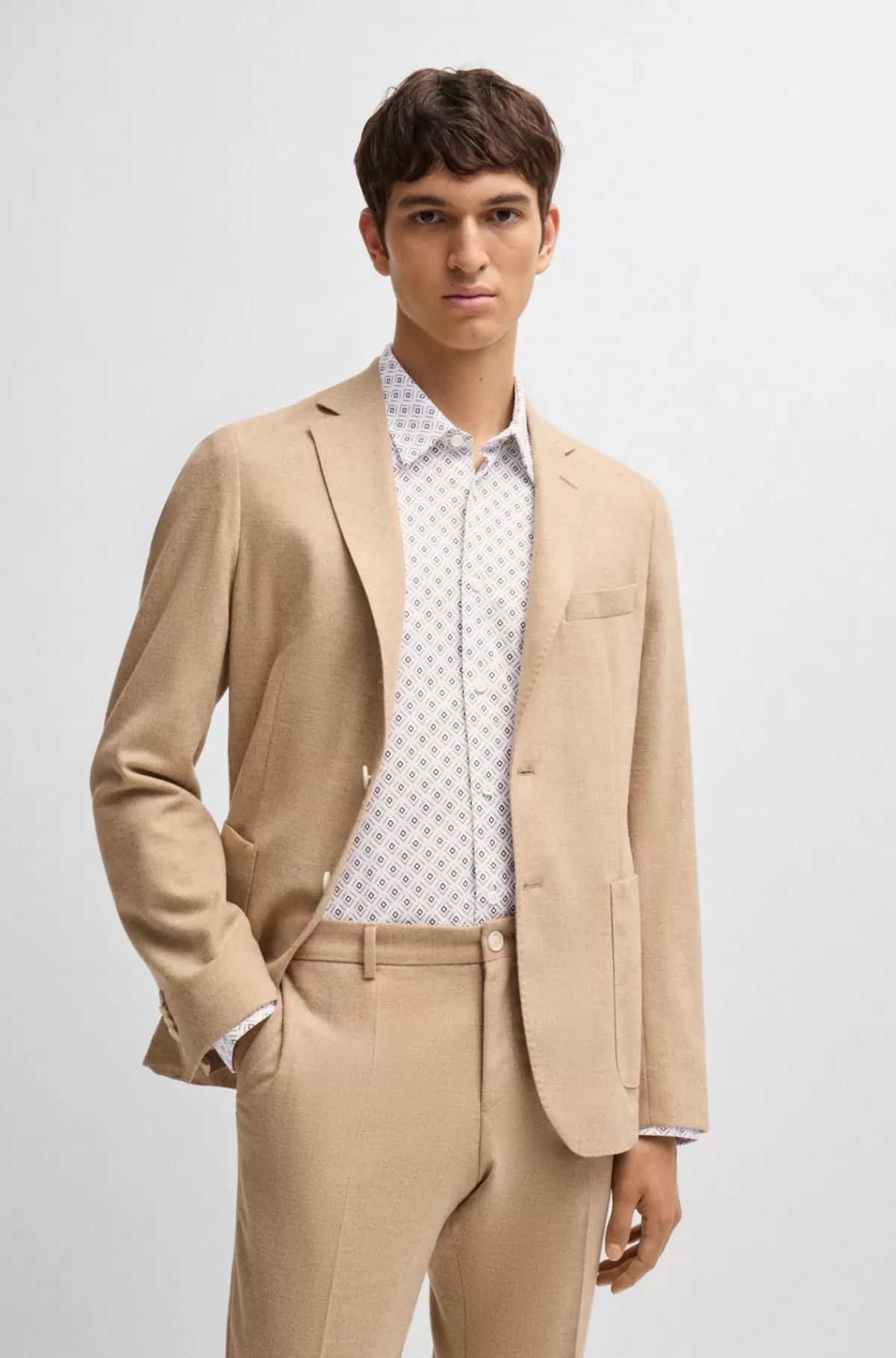 HUGO BOSS Slim Fit Skjorte Med Print I Jersey Af Bomuldsblanding Beige Fashion