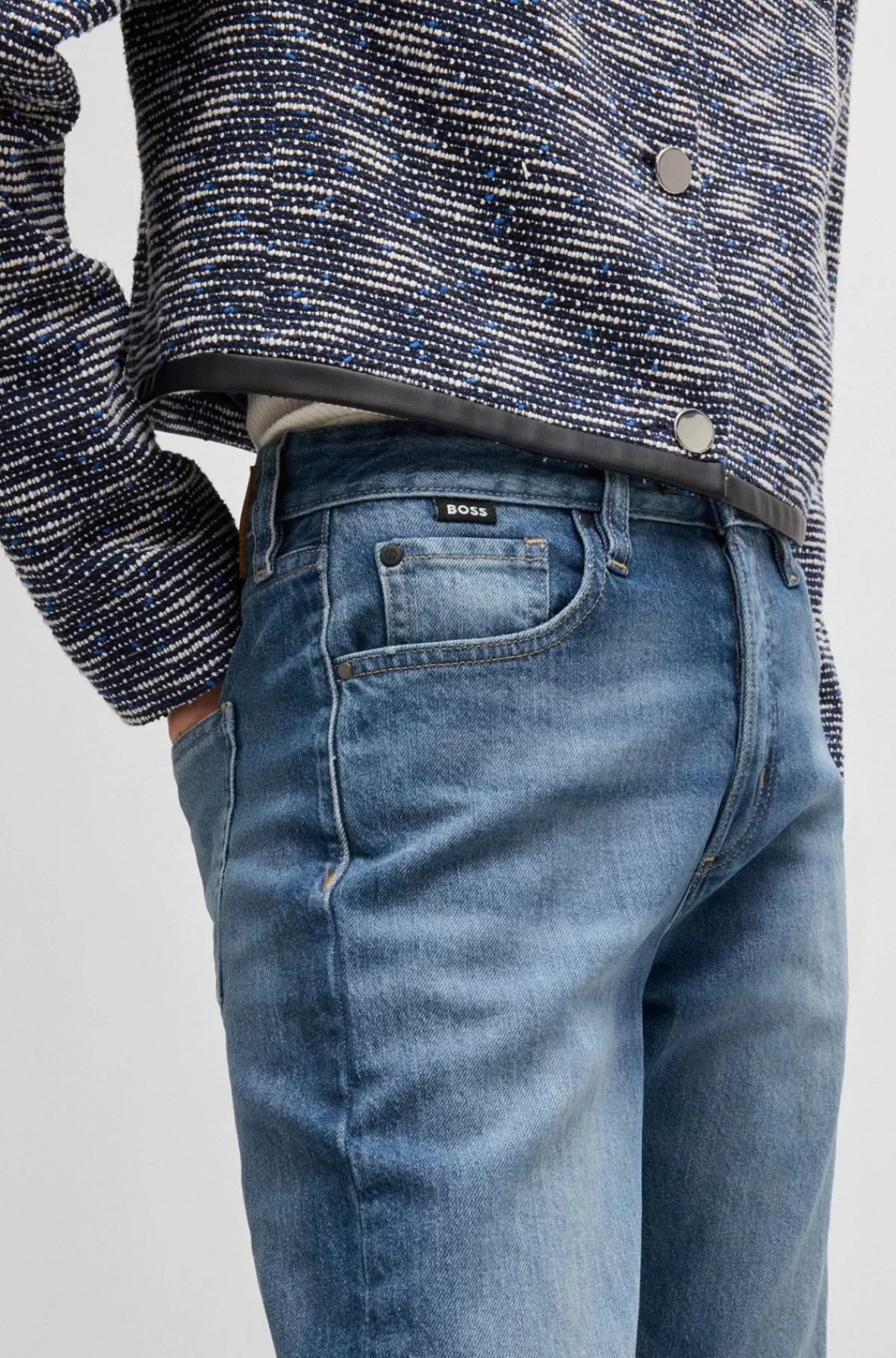 HUGO BOSS Straight Fit Jeans I Falmet Denim Med Behageligt Stræk Blå Sale