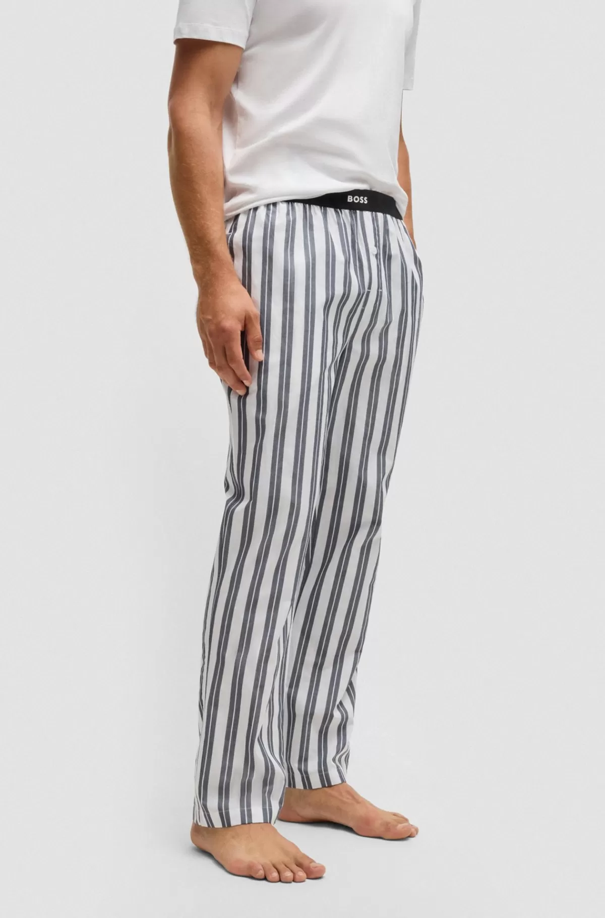 HUGO BOSS Stribede Pyjamasbukser I Bomuldspoplin Med Brandet Linning Hvid New