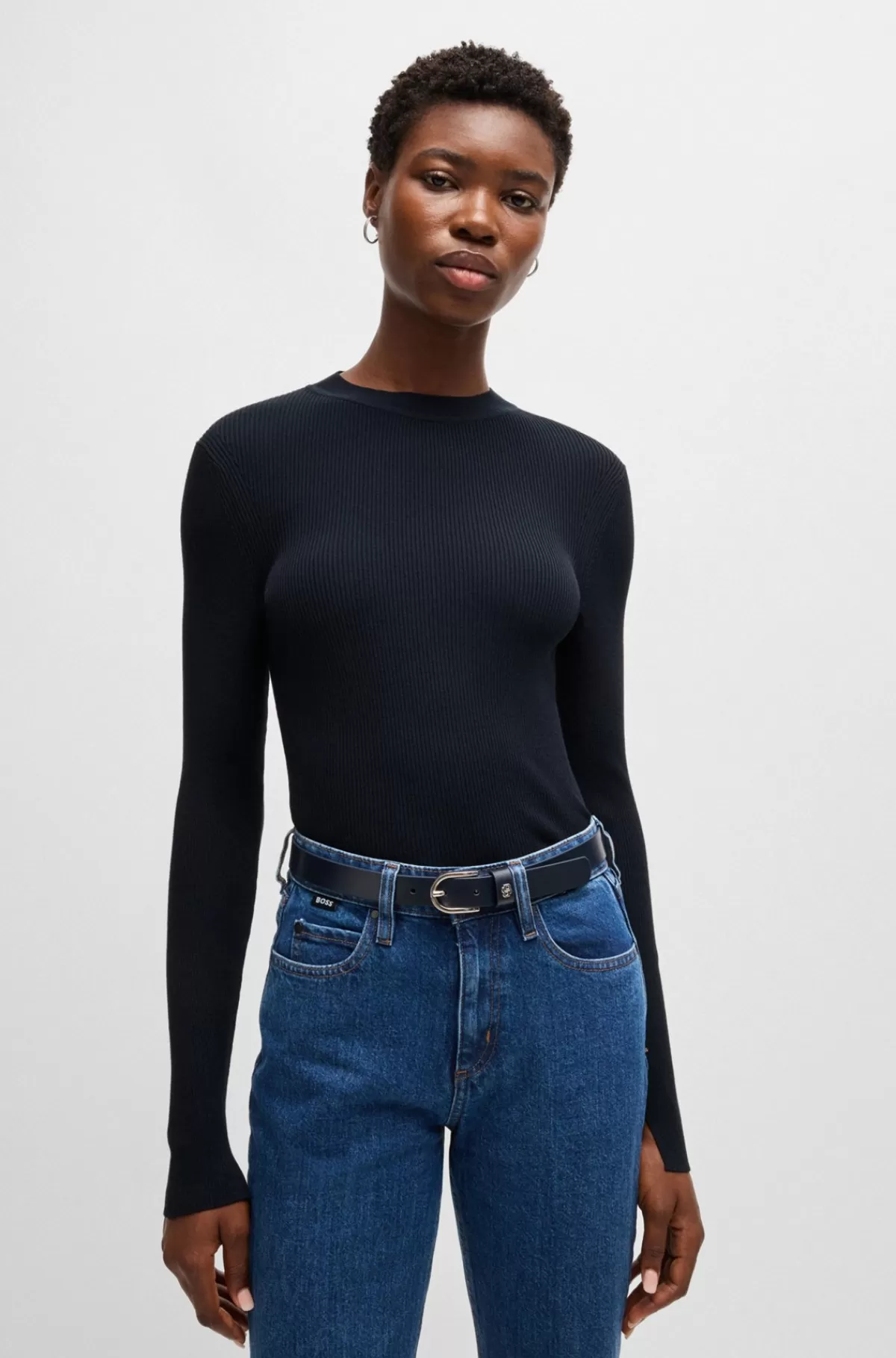 HUGO BOSS Strikket Sweater Med Ribstruktur Mørkeblå Best Sale