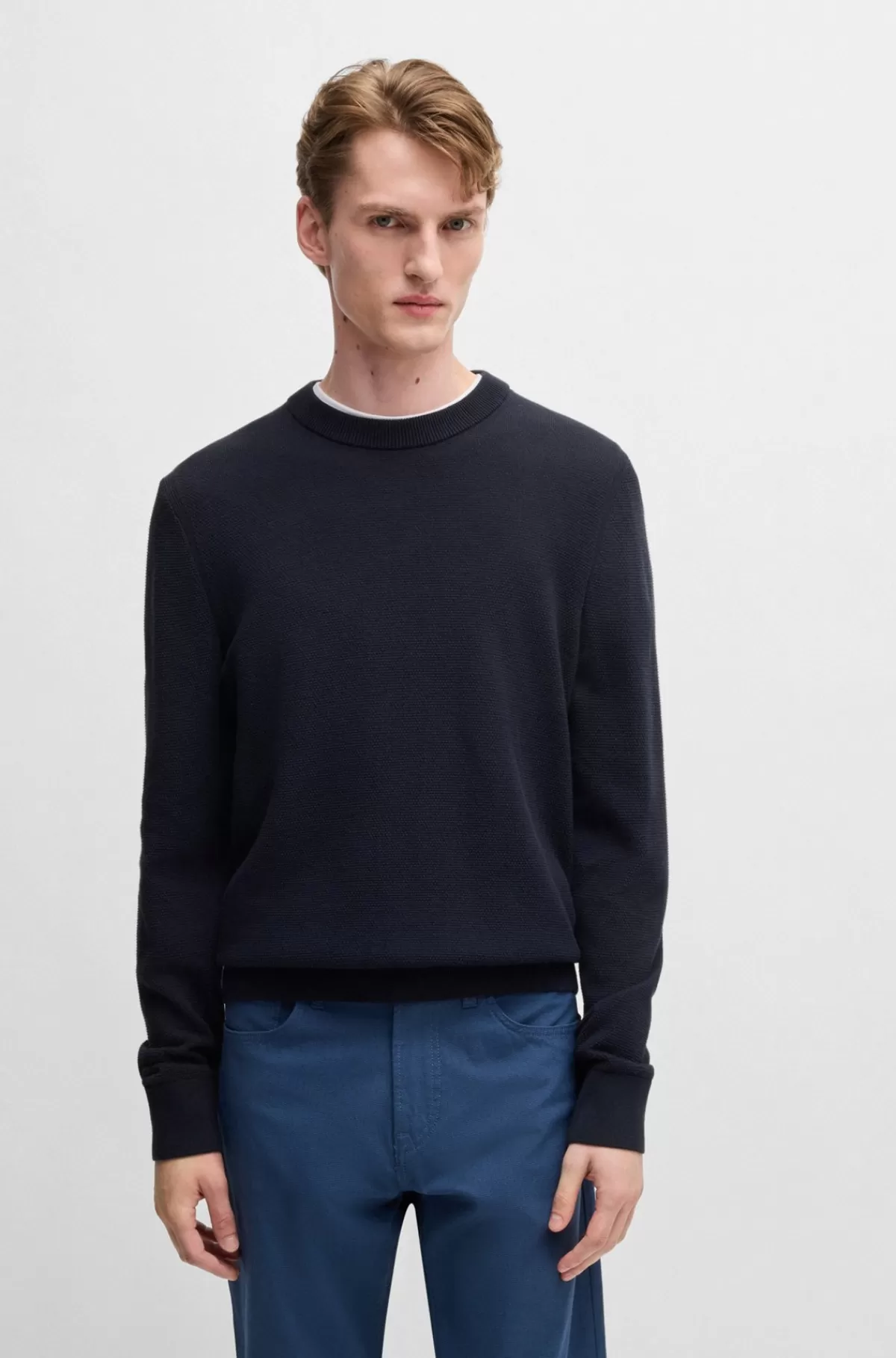 HUGO BOSS Sweater I Bomuld Med Mikrostruktur Mørkeblå Store