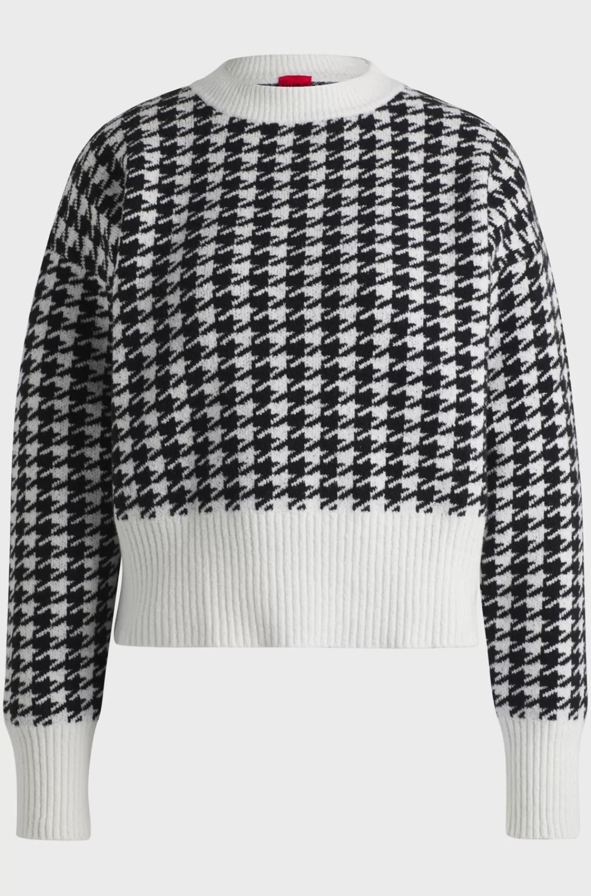 HUGO BOSS Sweater I Bomuldsblanding Med Oversize Fit Og Hanefjedstern Hvid/sort Shop