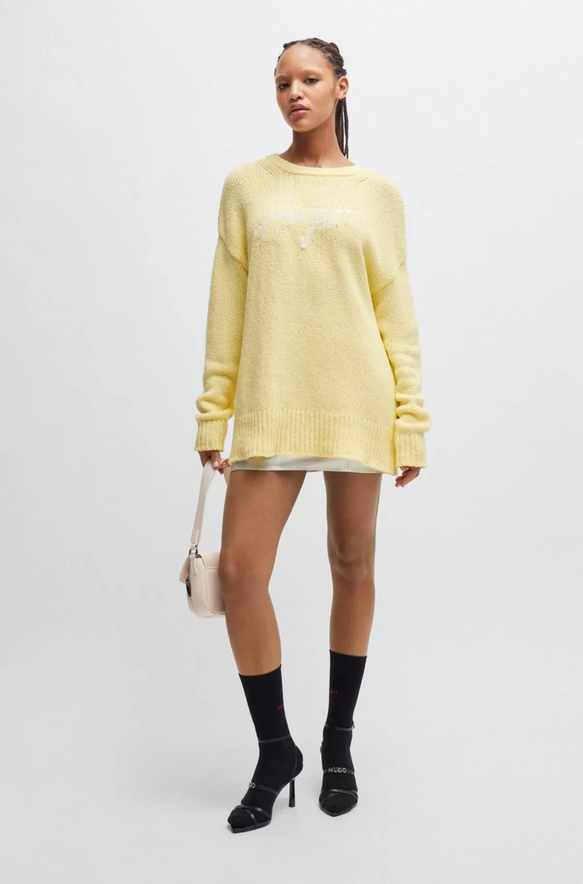HUGO BOSS Sweater I Bomuldsblanding Med Oversize Fit Og Håndskrevet Logo Lysegul Hot