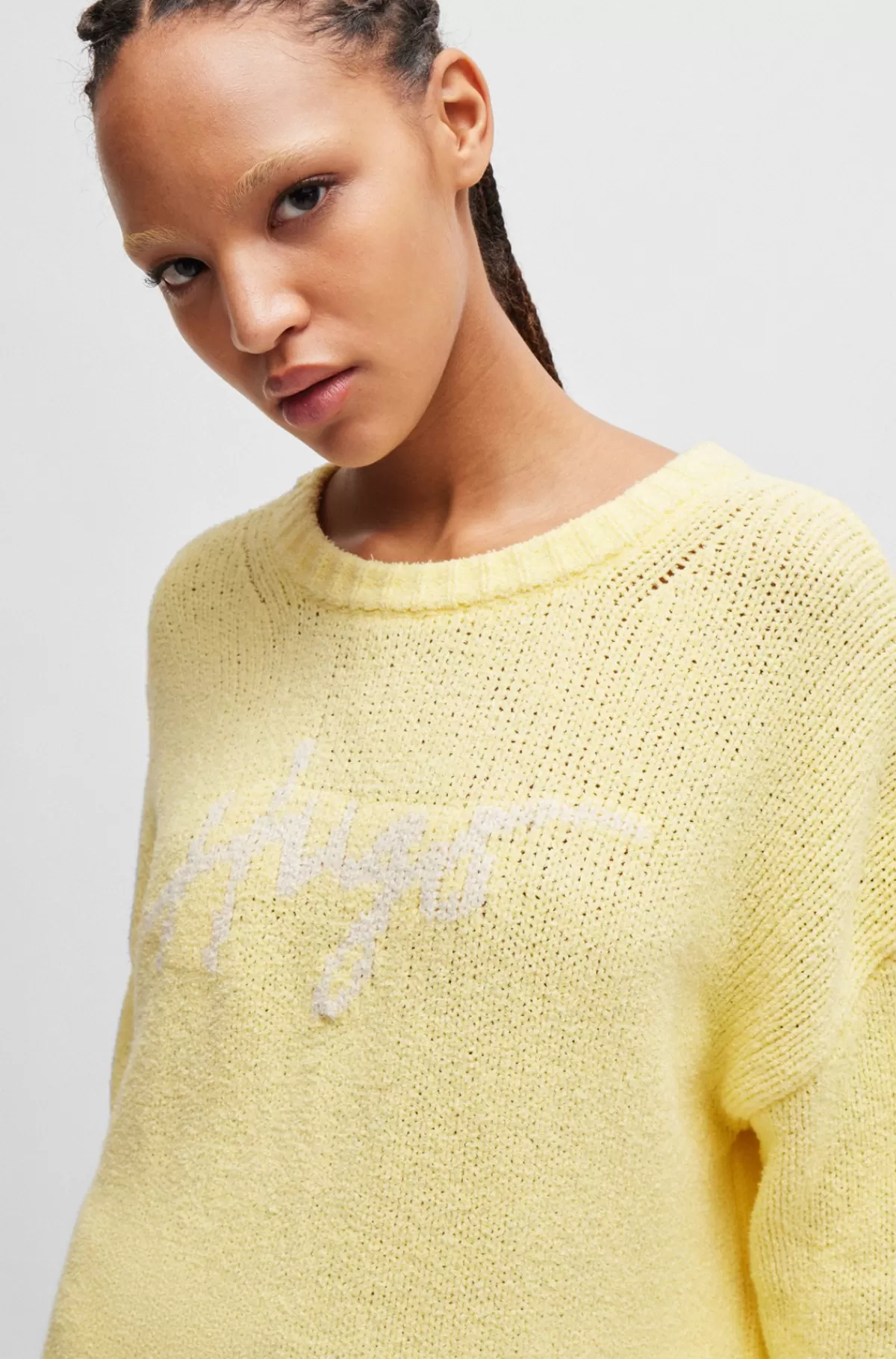 HUGO BOSS Sweater I Bomuldsblanding Med Oversize Fit Og Håndskrevet Logo Lysegul Hot