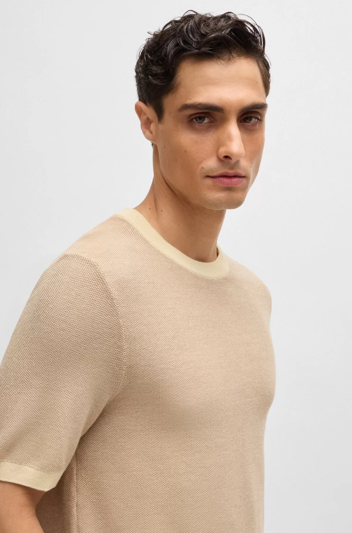 HUGO BOSS Sweater Med Korte ærmer I Bomuldsblanding Med Mikrostruktur Lys beige Shop