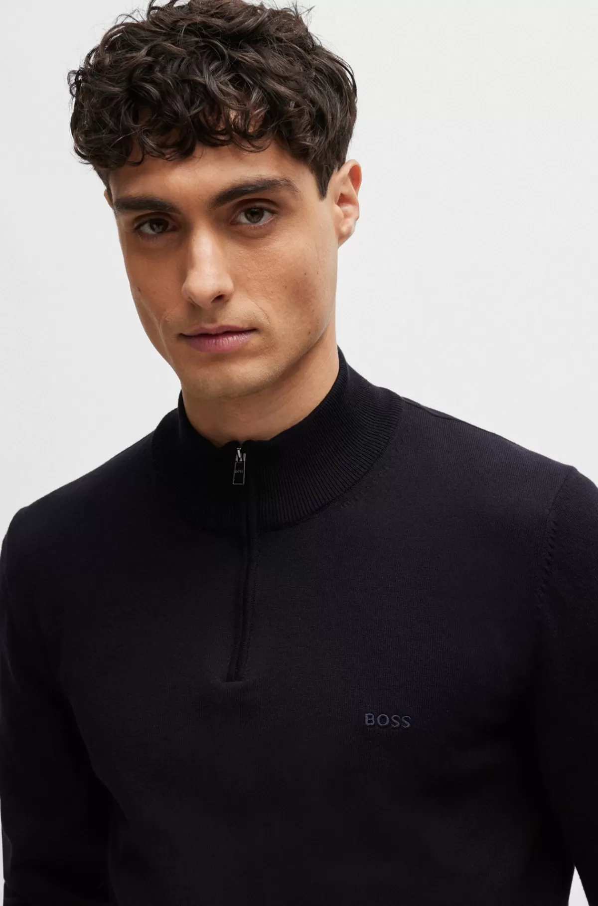 HUGO BOSS Sweater Med Lynlås I Halsen I Bomuld Med Broderet Logo Mørkeblå Outlet