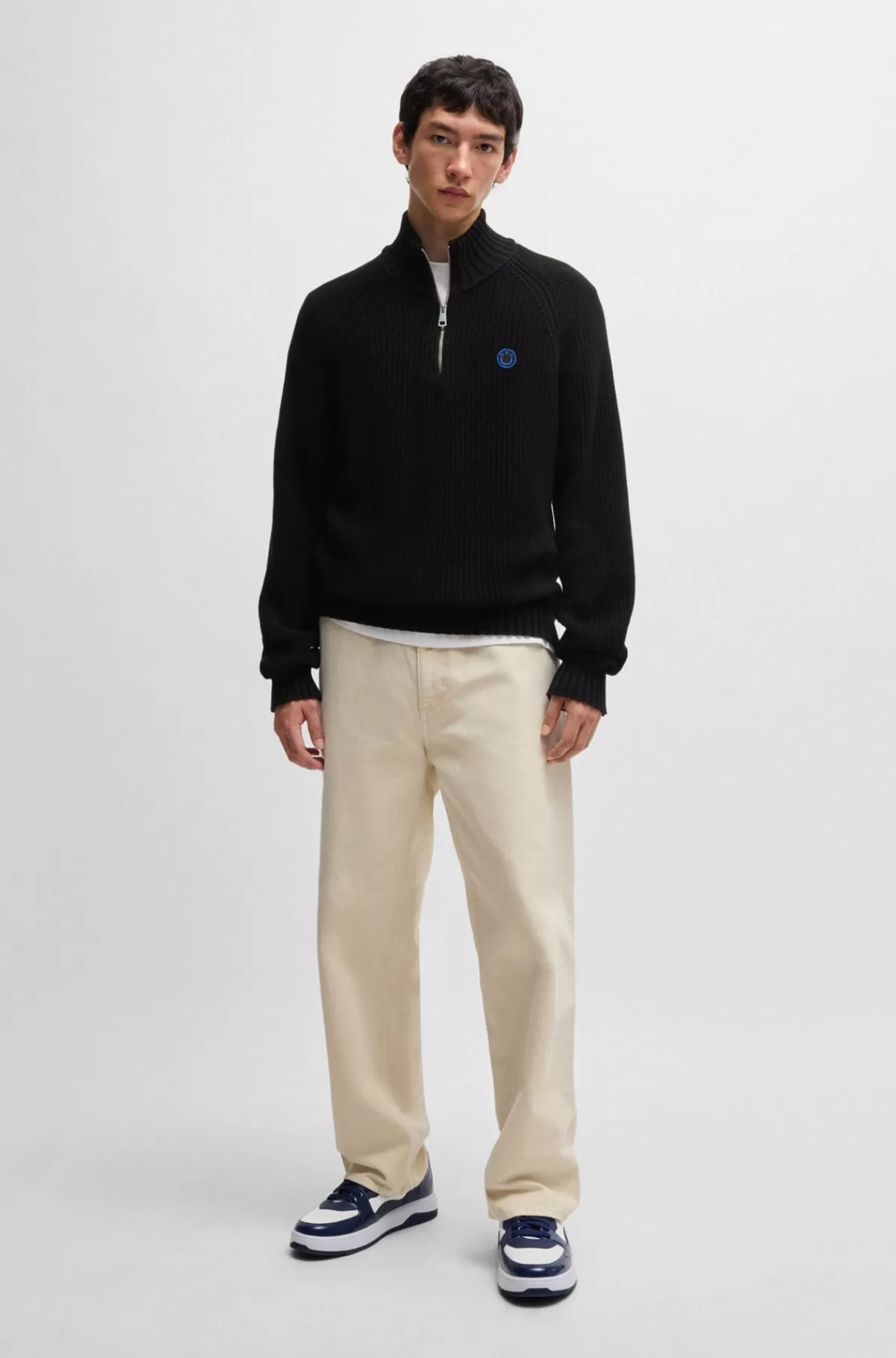 HUGO BOSS Sweater Med Lynlås I Halsen Og Relaxed Fit I Bomuld I Rib Sort New