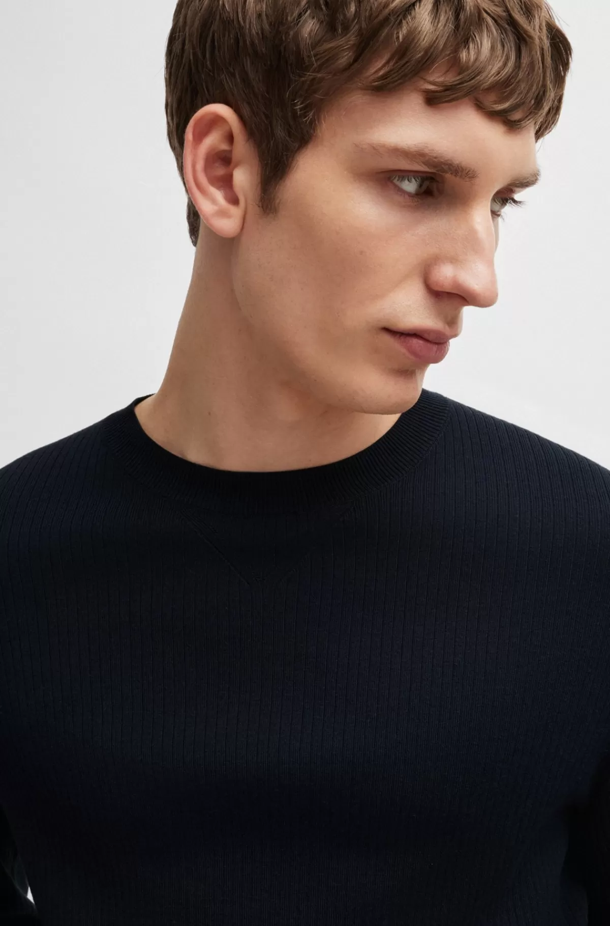 HUGO BOSS Sweater Med Regular Fit I Silke Og Bomuld Mørkeblå Outlet