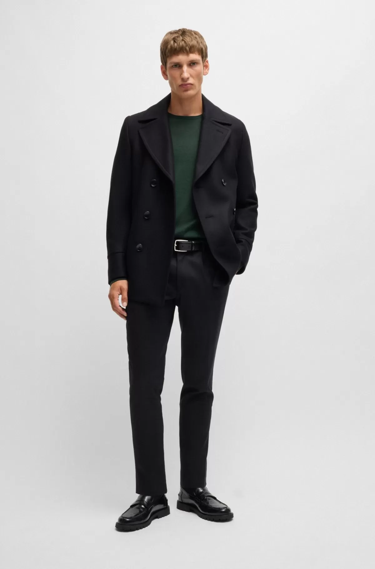HUGO BOSS Sweater Med Slim Fit Og Crew Neck I Ny Uld Mørkegrøn Cheap