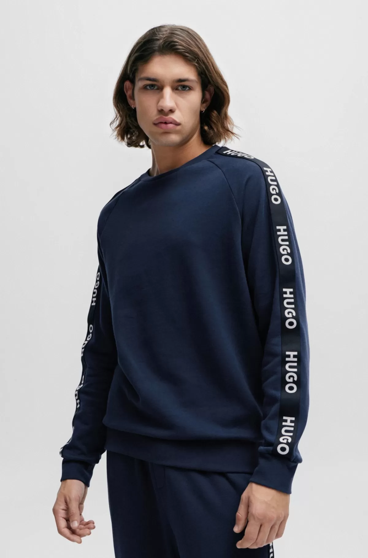 HUGO BOSS Sweatshirt I Bomuldsfrotté Med Logobånd Og Ribbede Manchetter Mørkeblå Discount