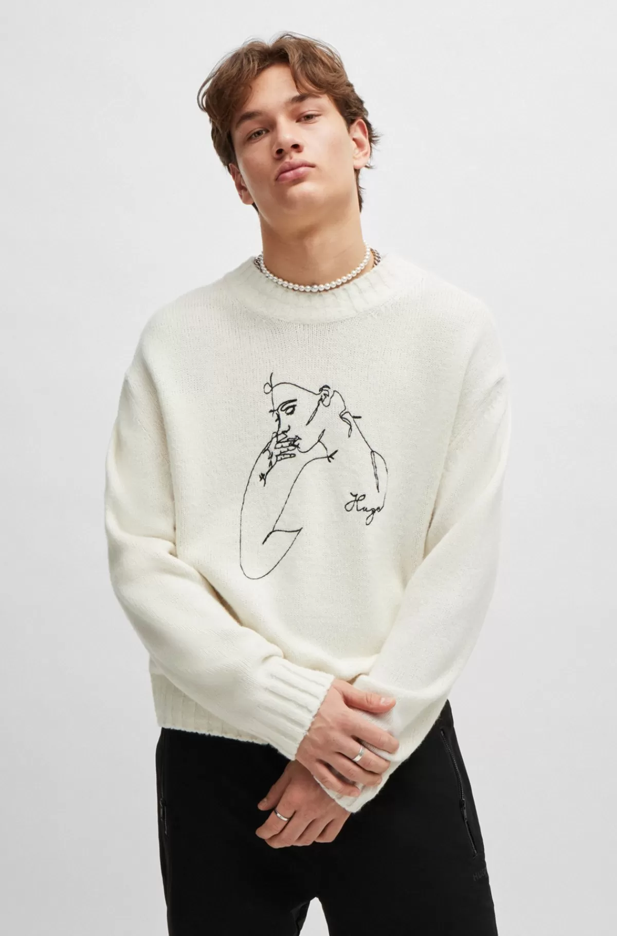HUGO BOSS Sweatshirt I Uldblanding Med Oversize Fit Og Print Med Ansigt Hvid Shop
