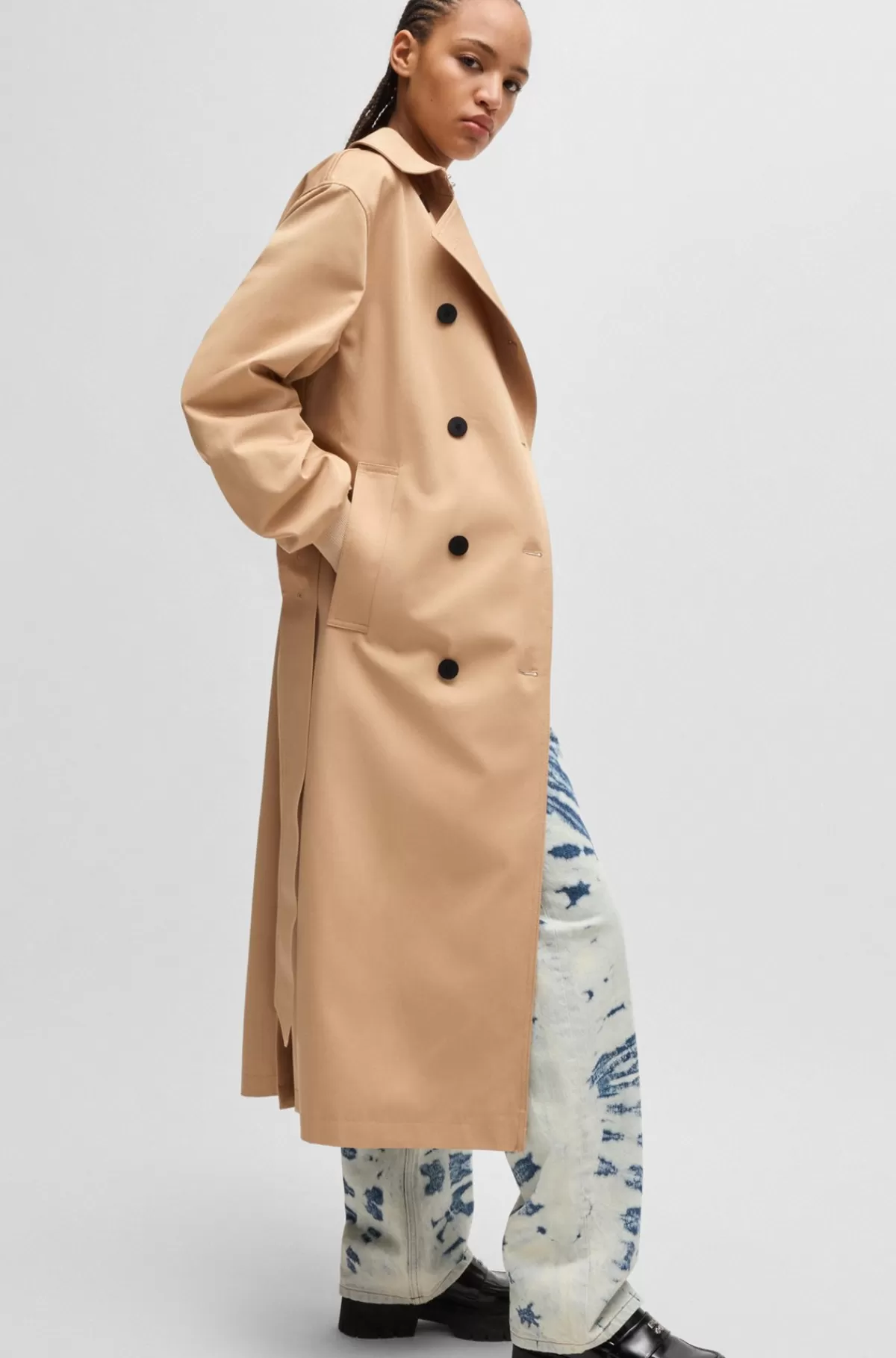 HUGO BOSS Trenchcoat I Bomuld Med Oversize Fit Og Dobbeltradet Lukning Lys beige Hot