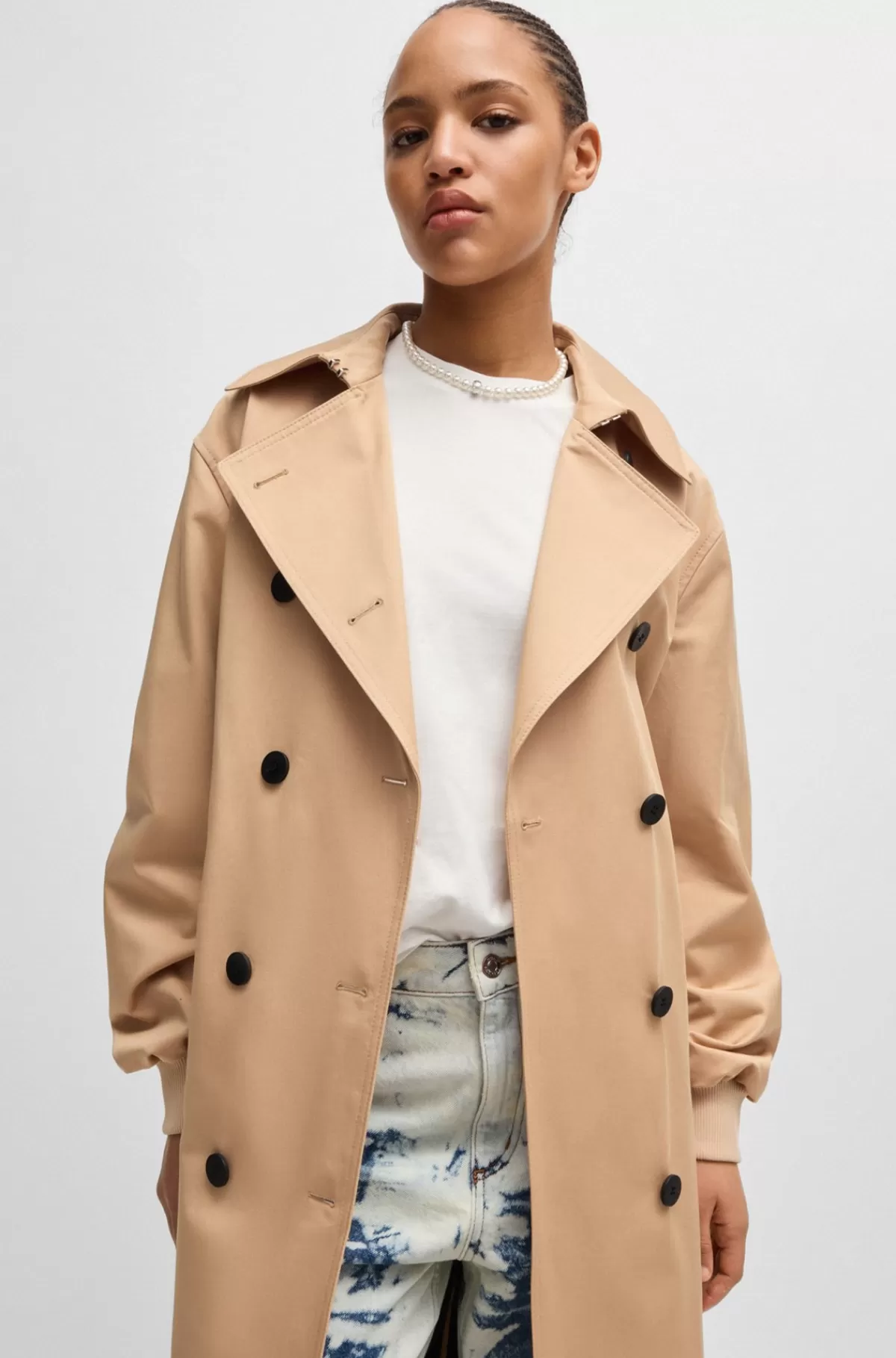 HUGO BOSS Trenchcoat I Bomuld Med Oversize Fit Og Dobbeltradet Lukning Lys beige Hot