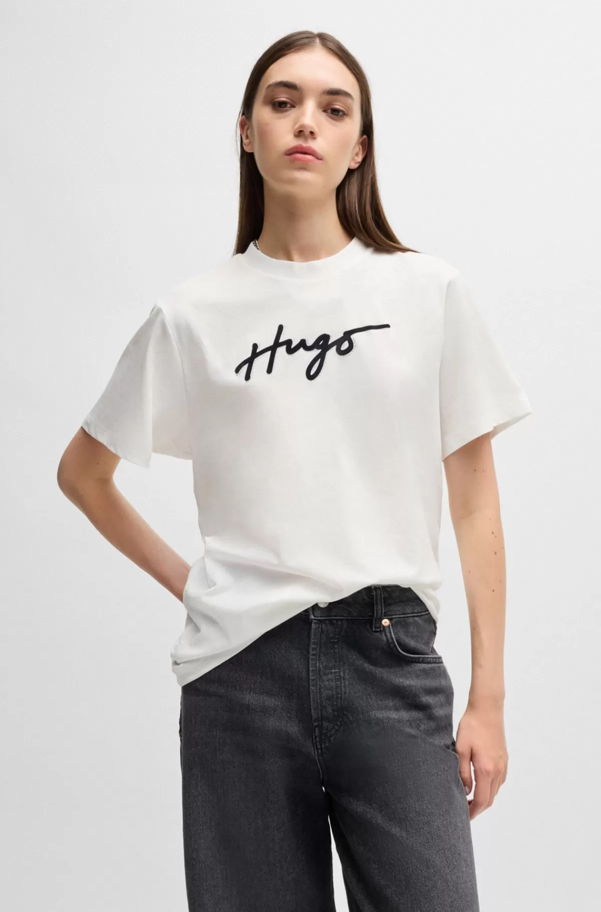 HUGO BOSS T-shirt I Bomuld Med Velourprintet Logo Og Rhinsten Hvid Sale