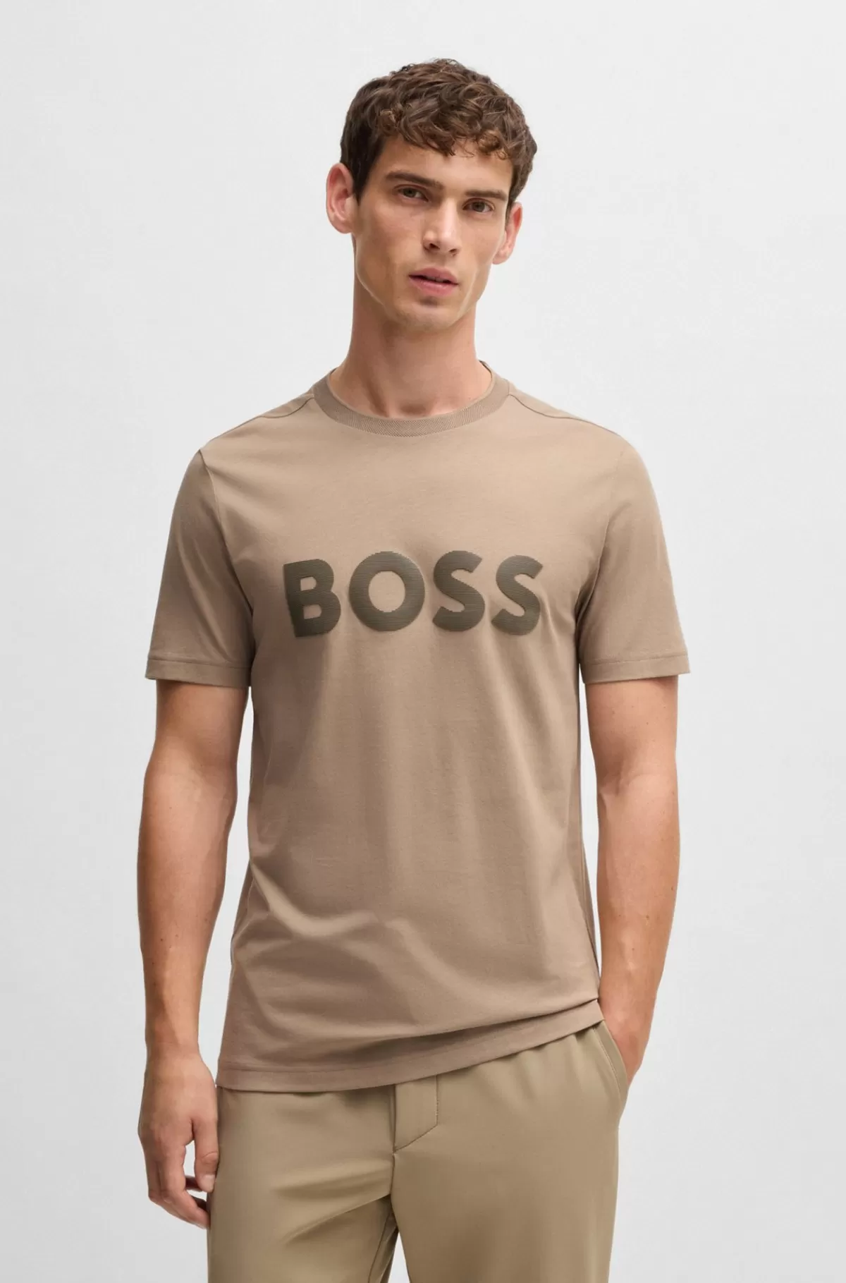 HUGO BOSS T-shirt I Bomuldsjersey Med Logo Med Spejleffekt Beige Best
