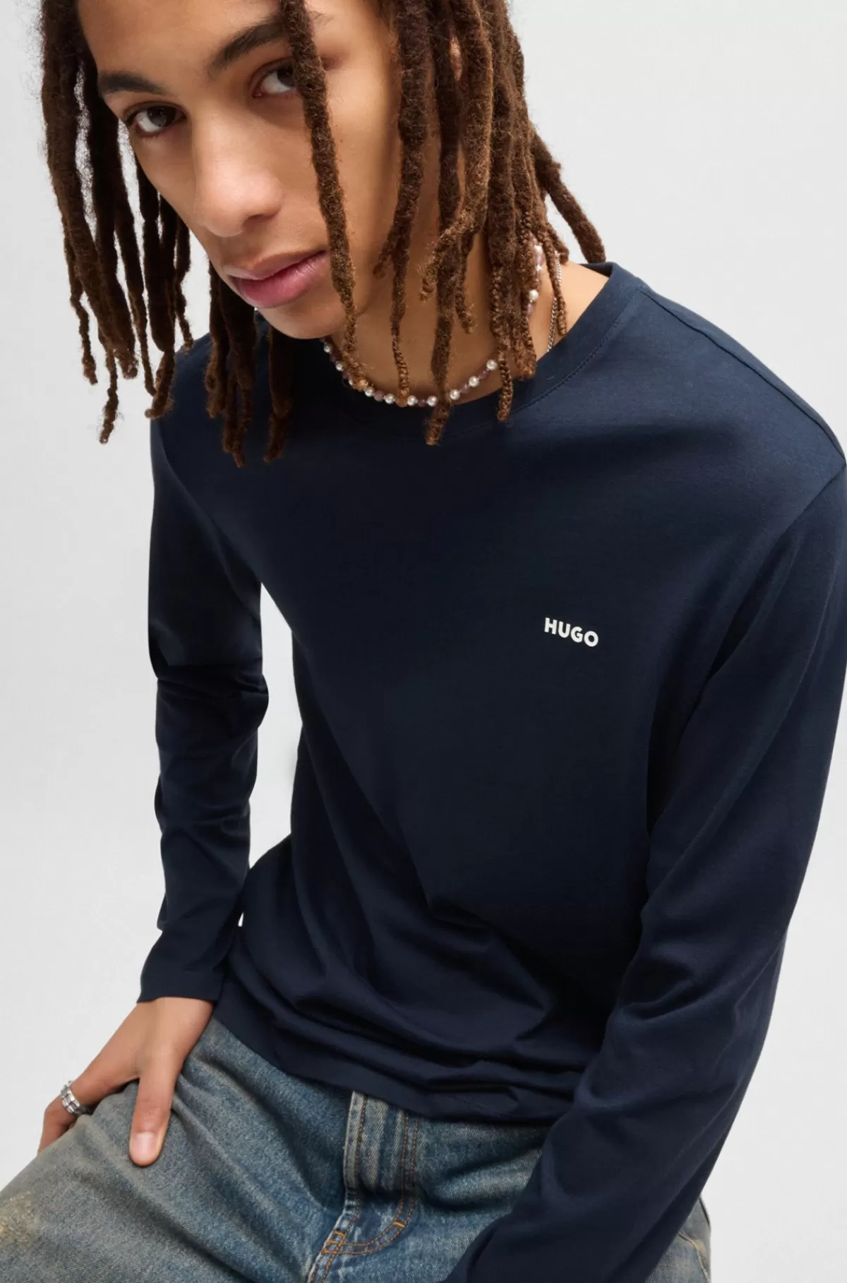 HUGO BOSS T-shirt I Bomuldsjersey Med Logoprint Mørkeblå Best Sale