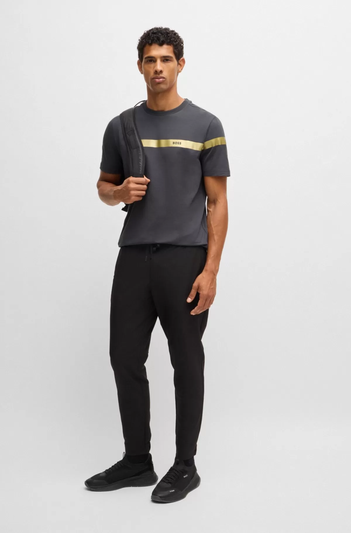 HUGO BOSS T-shirt Med Regular Fit I Bomuld Med Stræk Og Logostribe Mørkegrå Outlet